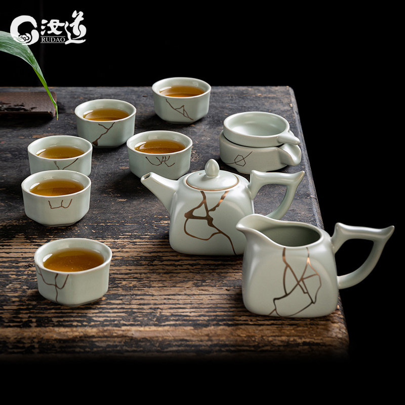 汝窑中式功夫茶具套装礼品家用复古陶瓷描金茶具汝道汝瓷茶壶整套