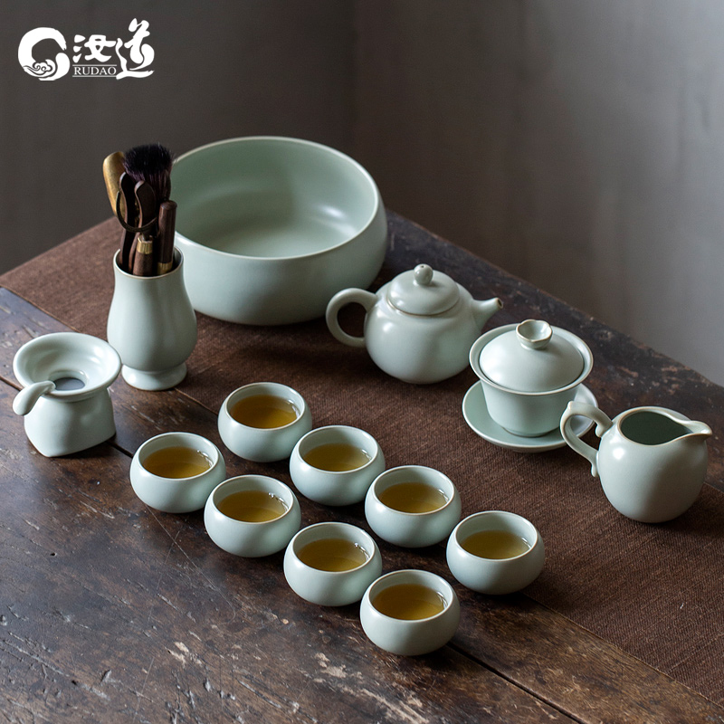汝窑功夫茶具礼盒套装家用客厅汝道陶瓷开片茶杯茶壶汝瓷盖碗整套