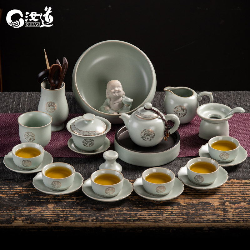 高档汝窑功夫茶具泡茶套装汝道描金汝瓷家用陶瓷金福茶壶茶杯整套