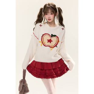 苹果提花圆领森系毛衣秋冬新款慵懒减龄宽松保暖显瘦套头针织衫