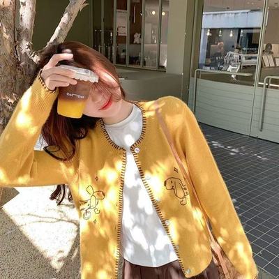 韩系早秋刺绣黄色毛衣外套女2025秋季新款慵懒小个子针织开衫上衣