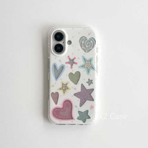 X2 Case时髦小众bling bling星星爱心印花苹果15pro适用17pro苹果16ProMax手机壳iphone16全包新款14保护套潮
