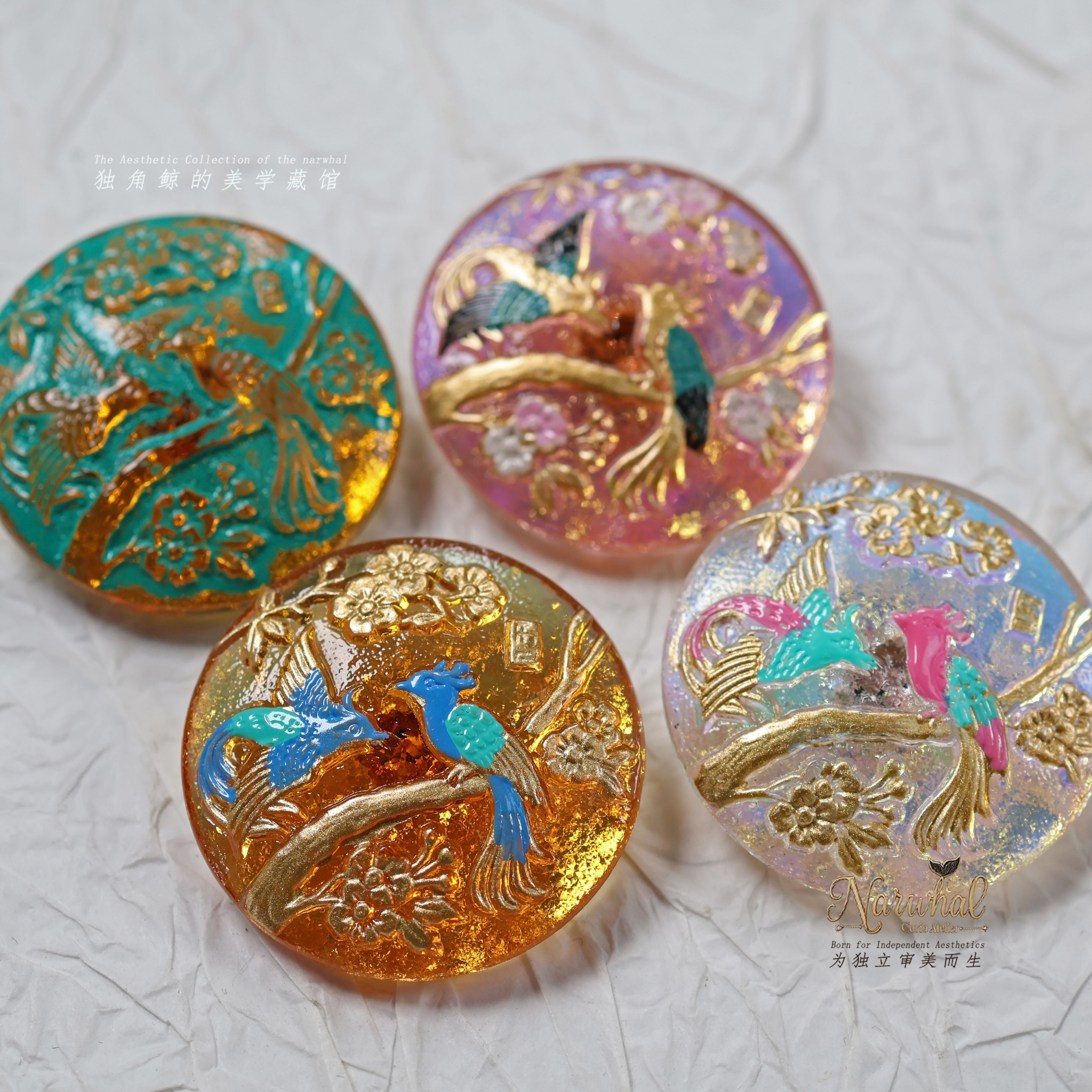 #凤求凰# 捷克琉璃纽扣 27mm东方诗画感 艺术家手绘 实物巨美