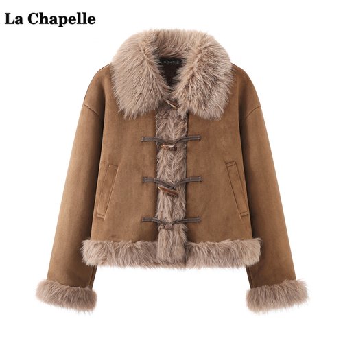 拉夏贝尔/La Chapelle时尚麂皮绒毛毛外套女冬季新款保暖短款上衣