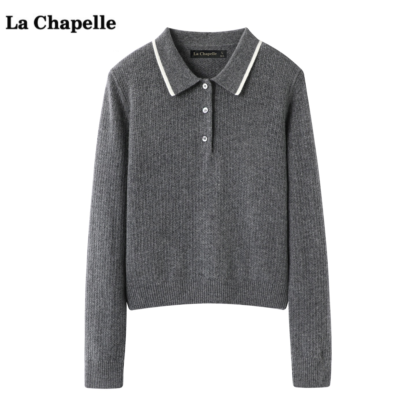 拉夏贝尔/La Chapelle撞色翻领针织衫女秋季新款百搭套头毛衣上衣