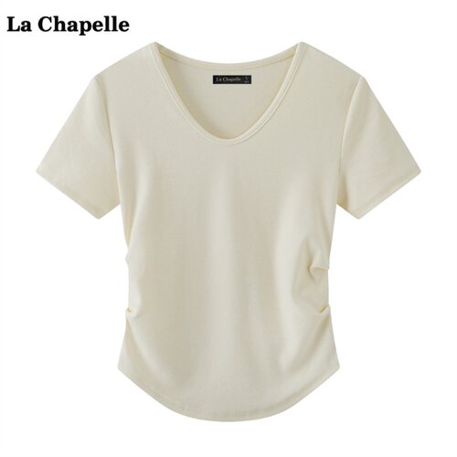拉夏贝尔/La Chapelle纯色V领短袖T恤女夏季新款褶皱修身显瘦上衣