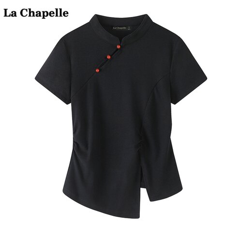 拉夏贝尔/La Chapelle新中式短袖T恤女夏秋季新款正肩不规则上衣