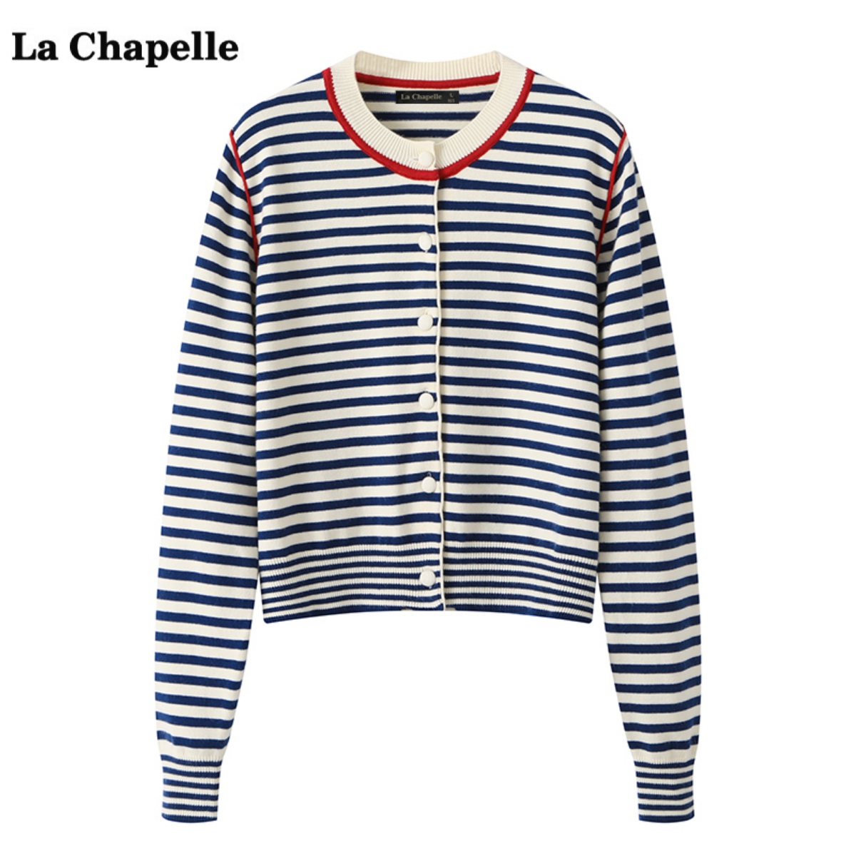 拉夏贝尔/La Chapelle圆领条纹针织开衫毛衣女秋冬季新款长袖上衣