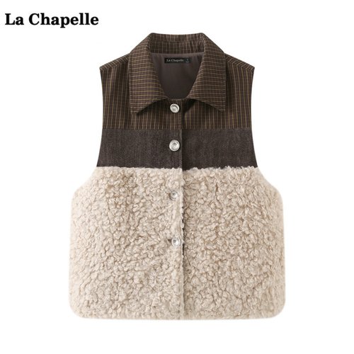 拉夏贝尔/La Chapelle毛绒拼接马甲开衫女秋冬季新款叠穿背心上衣