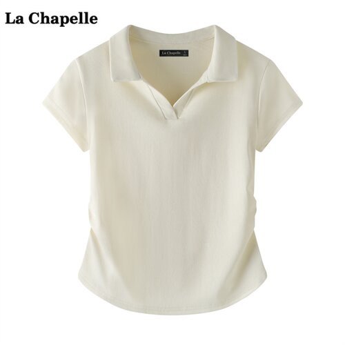 拉夏贝尔/La Chapelle纯色简约抽褶短袖T恤女夏季新款修身上衣