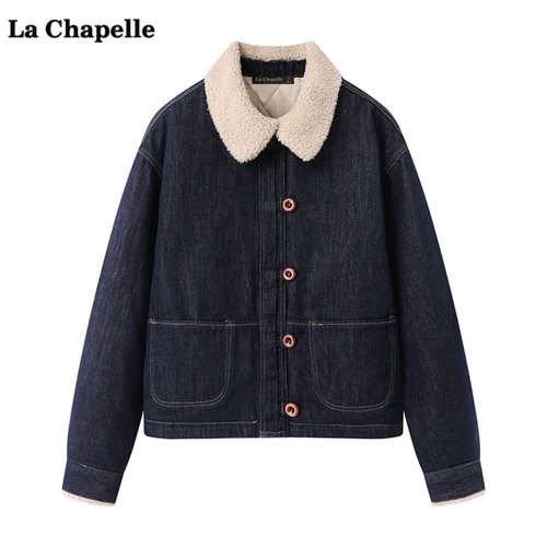 拉夏贝尔/La Chapelle翻领毛绒牛仔外套女冬季新款加厚保暖上衣