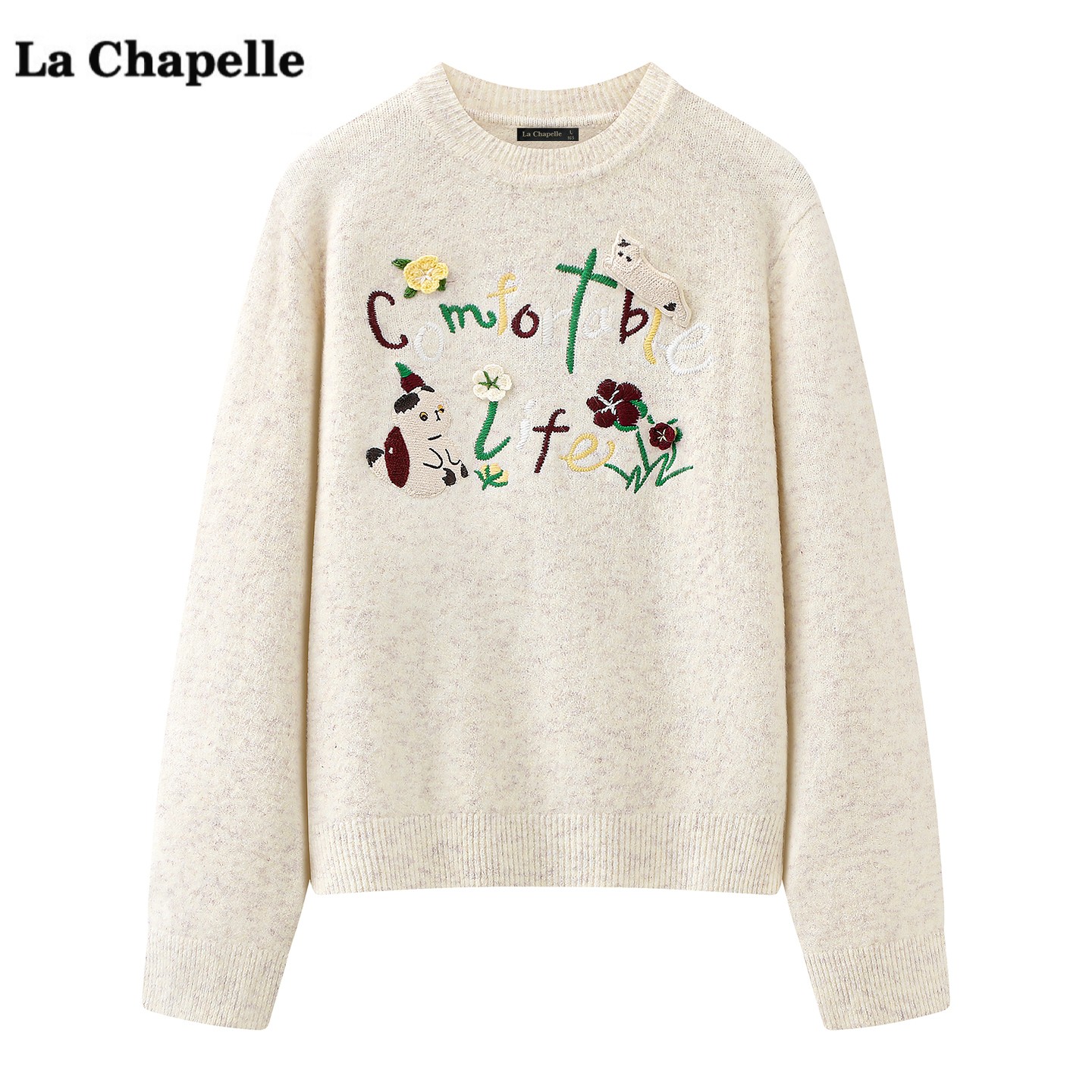 拉夏贝尔/La Chapelle趣味立体刺绣针织衫女冬季新款软糯毛衣上衣