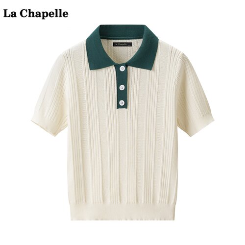 拉夏贝尔/La Chapelle韩系撞色POLO领针织衫女春季新款休闲上衣