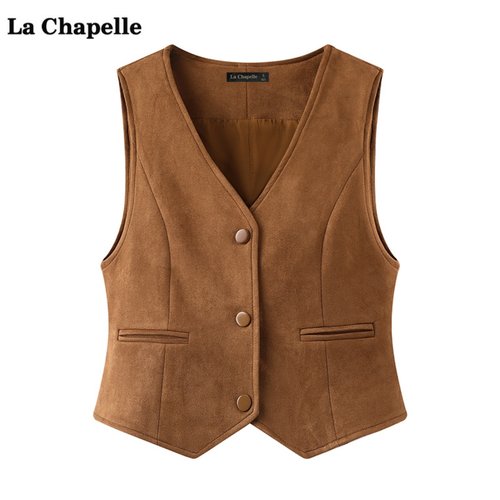 拉夏贝尔/La Chapelle复古麂皮绒马甲女春秋新款休闲宽松开衫上衣