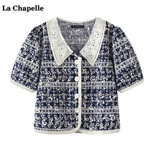 拉夏贝尔/La Chapelle复古镂空短袖衬衫女夏季新款甜美娃娃领上衣