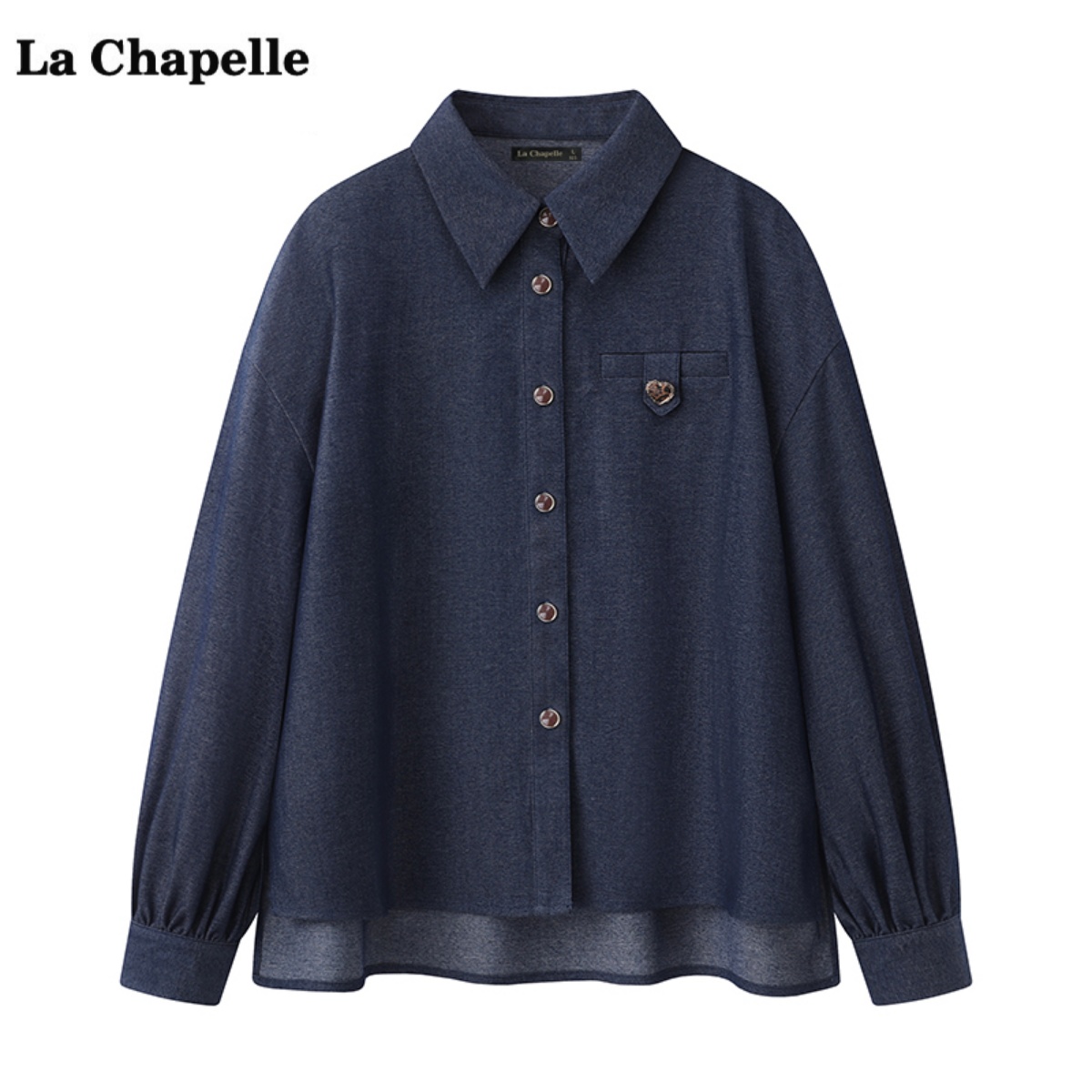 拉夏贝尔/La Chapelle复古翻领牛仔衬衫女春季新款百搭衬衣上衣