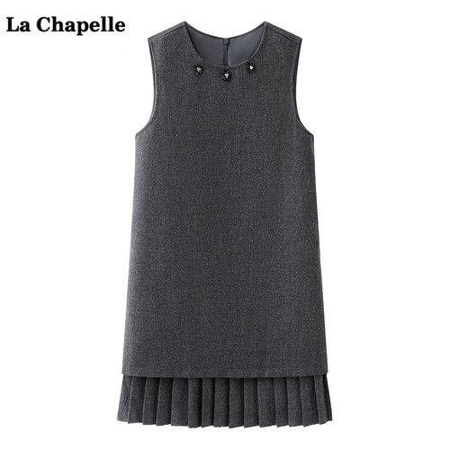 拉夏贝尔/La Chapelle气质毛呢百褶背心裙女冬季新款无袖连衣裙