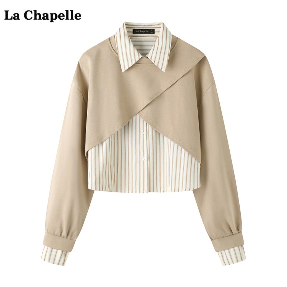 拉夏贝尔/La Chapelle条纹翻领衬衫两件套女秋新款不规则卫衣上衣,女装/女士精品,衬衫,淘宝优惠券,粉丝福利购,淘宝优惠卷