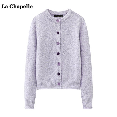 拉夏贝尔/La Chapelle紫色针织开衫外套女秋冬季新款圆领毛衣上衣