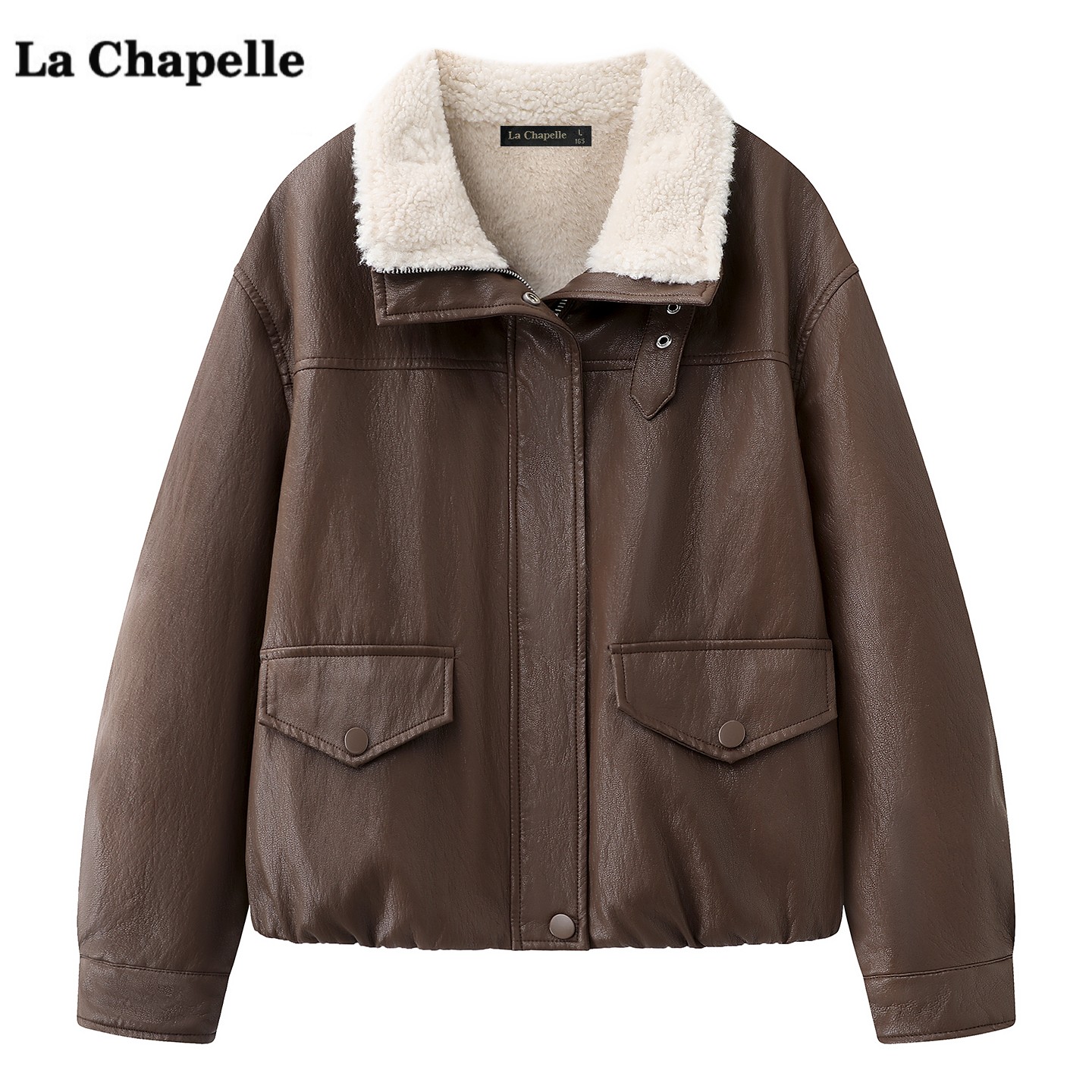 拉夏贝尔/La Chapelle咖色PU皮衣外套女冬季新款保暖加绒宽松上衣