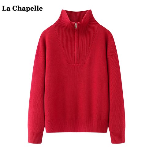 拉夏贝尔/La Chapelle半拉链高领针织衫女冬季新款宽松毛衣上衣