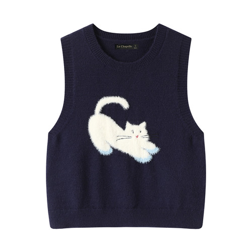 拉夏贝尔/La Chapelle小猫刺绣针织马甲背心女秋冬季新款坎肩外搭