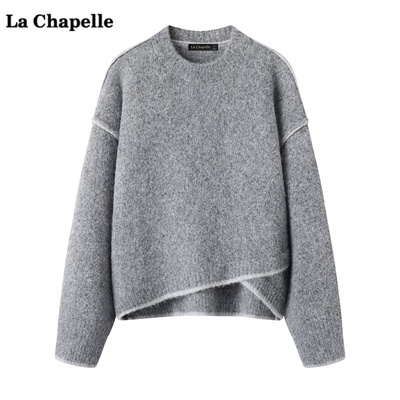 拉夏贝尔/La Chapelle慵懒风圆领毛衣女秋冬季新款宽松撞色针织衫