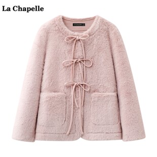 拉夏贝尔/La Chapelle粉色系带毛毛外套女冬季新款保暖宽松上衣