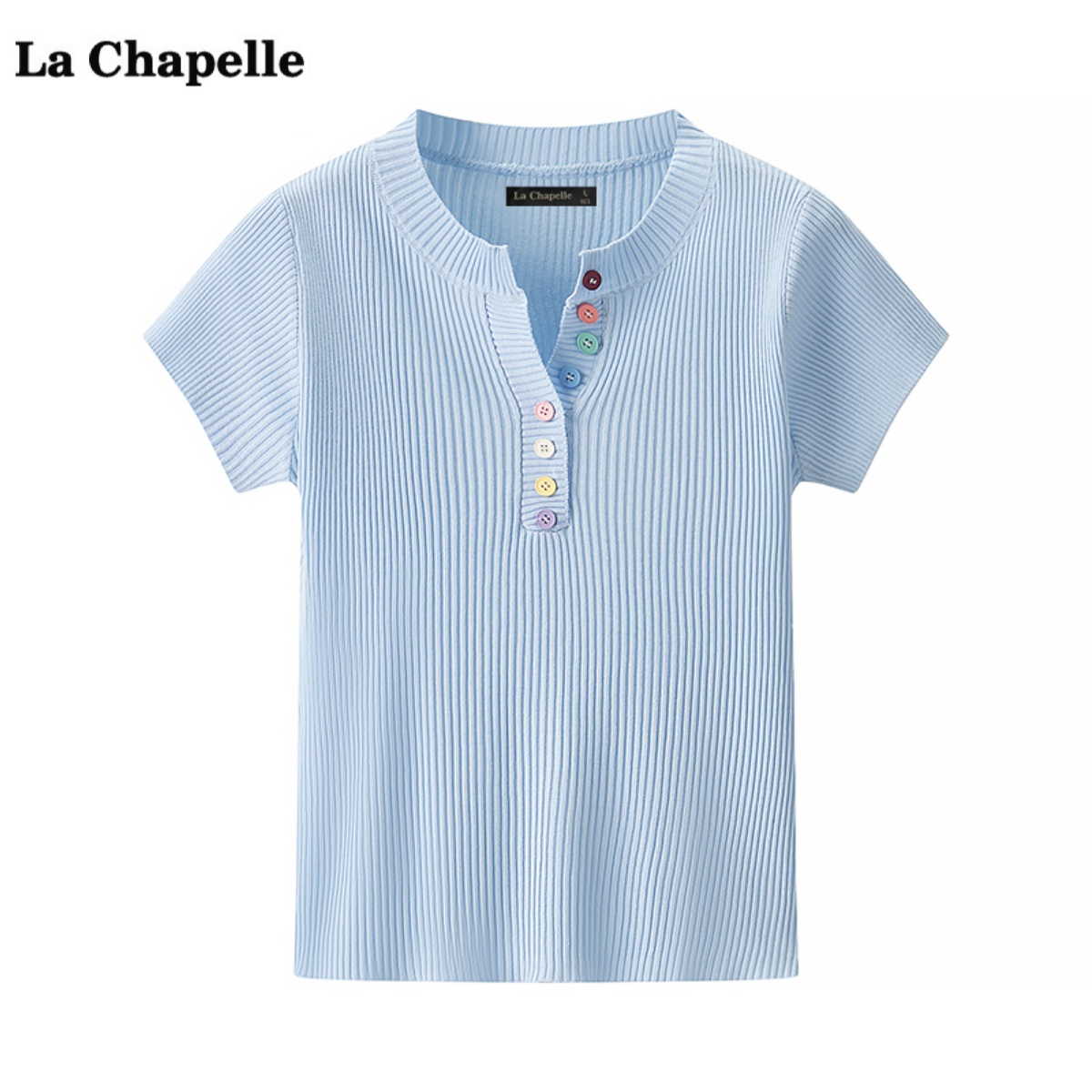 拉夏贝尔/La Chapelle彩色纽扣短袖针织衫女夏季新款修身T恤上衣