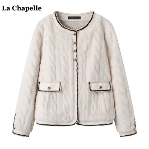 拉夏贝尔/La Chapelle仿水貂绒毛毛外套女冬季新款宽松圆领上衣