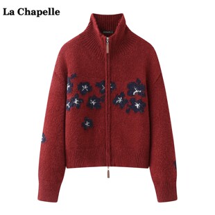 拉夏贝尔/La Chapelle复古红色拉链针织开衫女冬新款毛衣外套上衣
