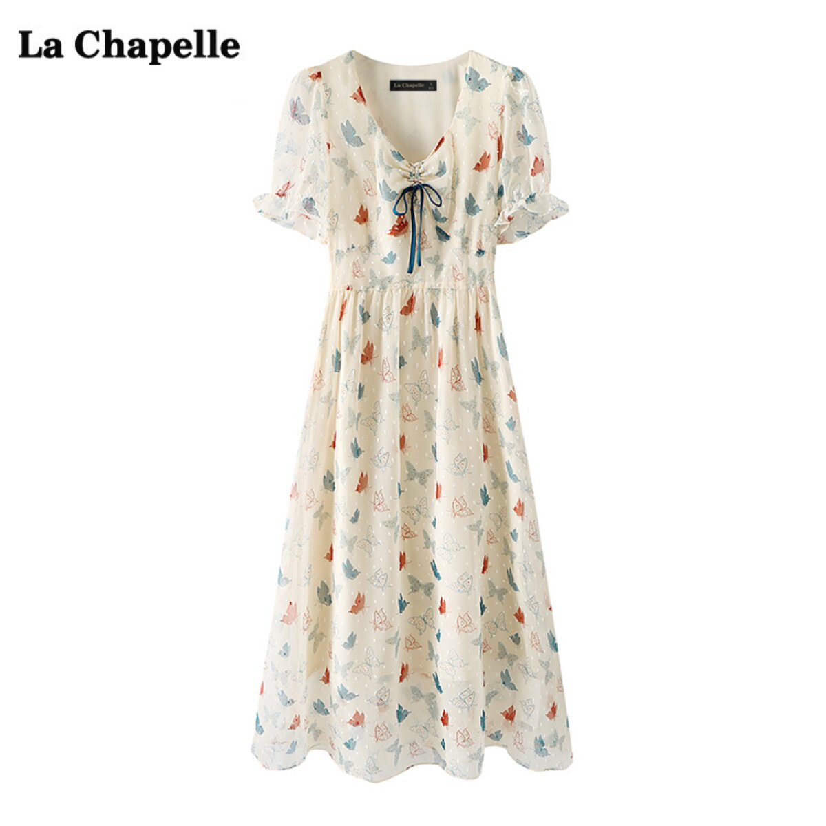 拉夏贝尔/la chapelle法式碎花连衣裙女夏季桃心领印花雪纺裙子