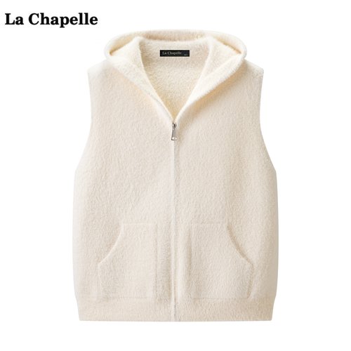 拉夏贝尔/La Chapelle仿貂绒连帽针织马甲女冬季新款无袖背心上衣