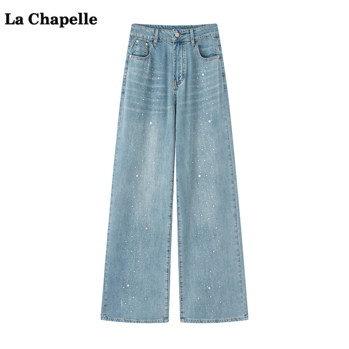 拉夏贝尔/La Chapelle五角星烫钻阔腿牛仔裤女夏季新款休闲直筒裤