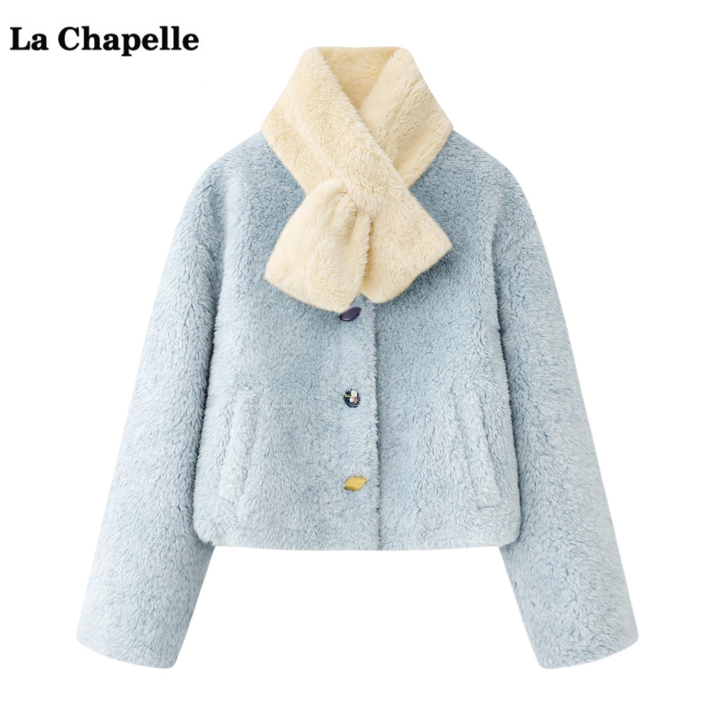 拉夏贝尔/La Chapelle蓝色带围巾毛毛外套女冬季新款宽松保暖上衣