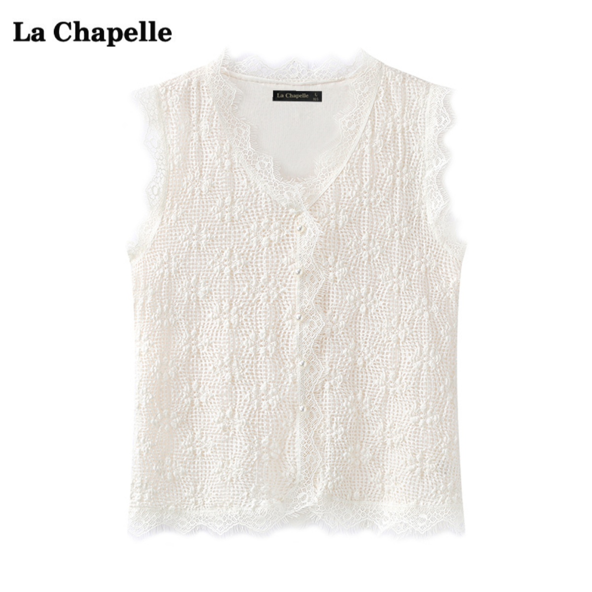 拉夏贝尔/La Chapelle气质V领蕾丝背心女春夏季新款无袖内搭上衣