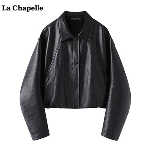 百搭长袖 拉夏贝尔 新款 Chapelle复古黑色PU皮衣外套女春季 上衣