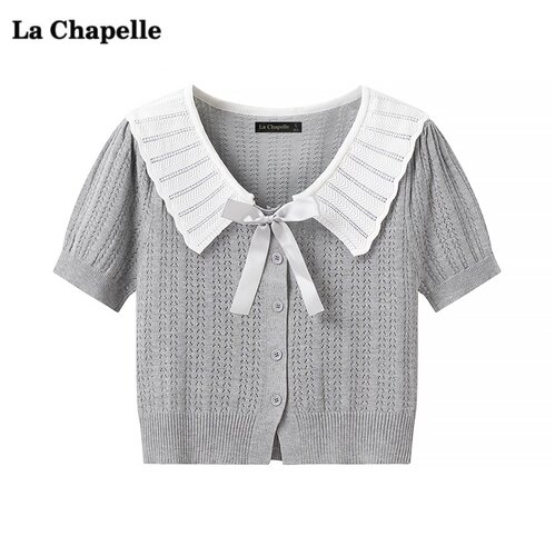 拉夏贝尔/La Chapelle小香风蝴蝶结针织衫女夏季新款短袖T恤上衣