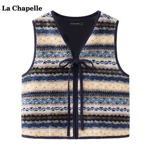拉夏贝尔/La Chapelle条纹羊羔毛马甲女冬季新款软糯无袖背心上衣