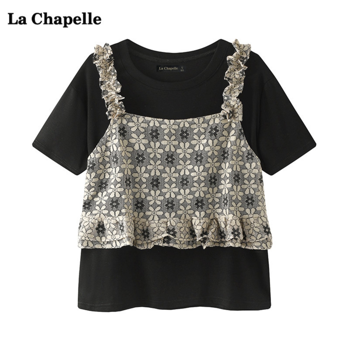 拉夏贝尔/La Chapelle碎花吊带背心长袖T恤两件套女夏季新款套装