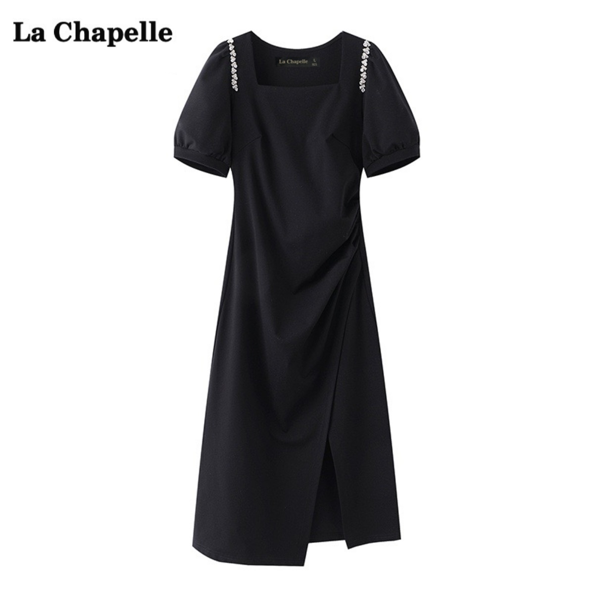 拉夏贝尔/La Chapelle法式方领开叉连衣裙夏季修身收腰黑色礼服裙