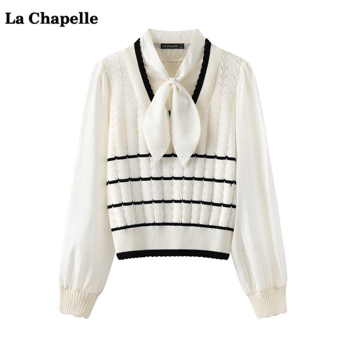 拉夏贝尔/La Chapelle假两件衬衫拼接针织衫女春新款宽松飘带上衣
