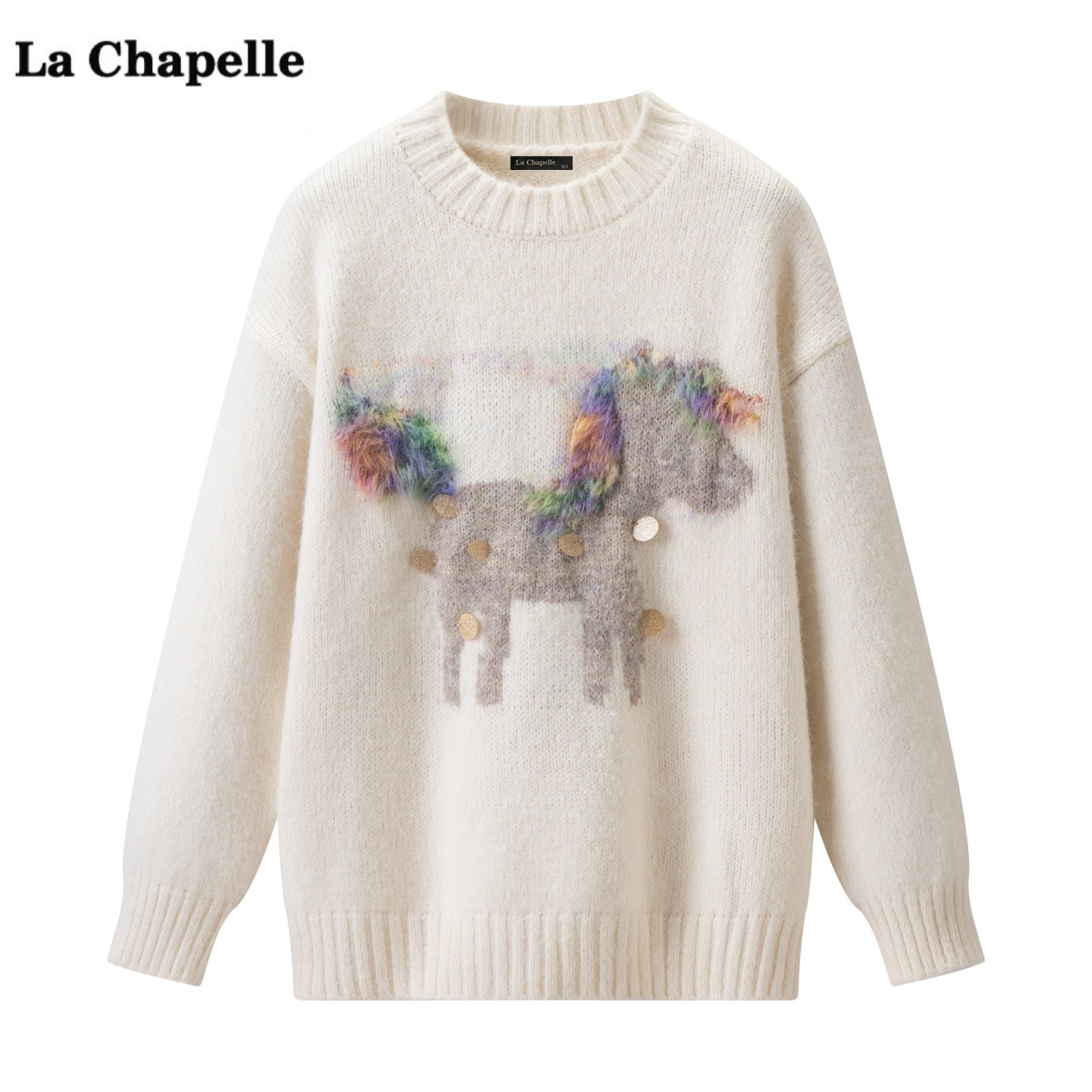 拉夏贝尔/La Chapelle米白色小马提花针织衫女冬新款宽松毛衣上衣