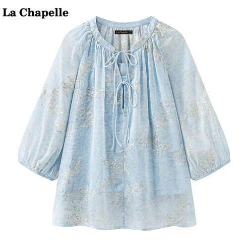 拉夏贝尔/La Chapelle波西米亚风刺绣雪纺衫女夏季系带七分袖上衣