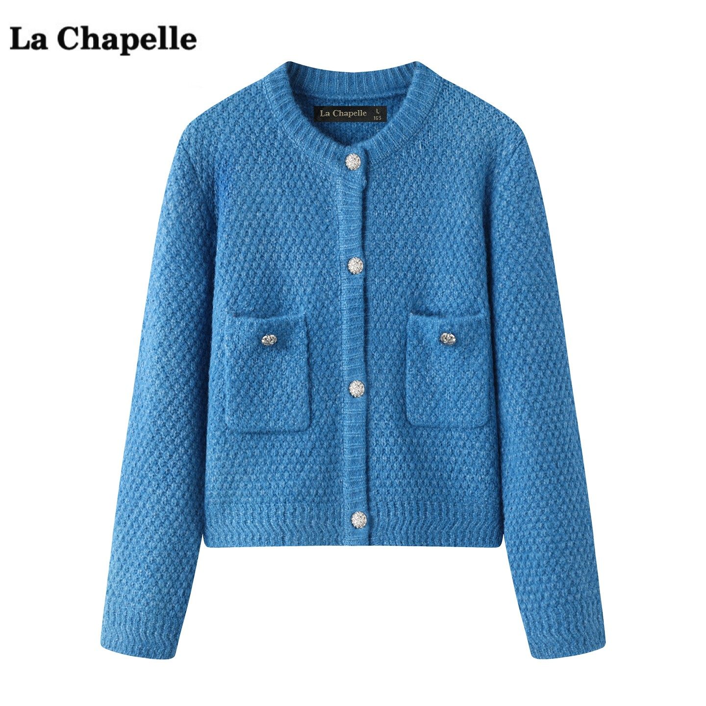 拉夏贝尔/La Chapelle名媛风蓝色针织开衫女秋季新款圆领毛衣外套