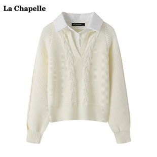 拉夏贝尔/La Chapelle衬衫拼接领毛衣女秋冬新款假两件针织衫上衣