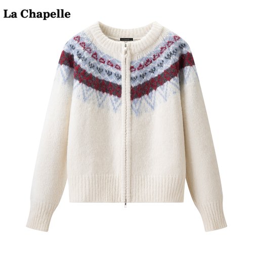 拉夏贝尔/La Chapelle费尔岛拉链针织开衫女冬季新款宽松毛衣上衣
