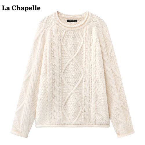 拉夏贝尔/La Chapelle加厚麻花菱格针织衫女冬季新款圆领毛衣上衣