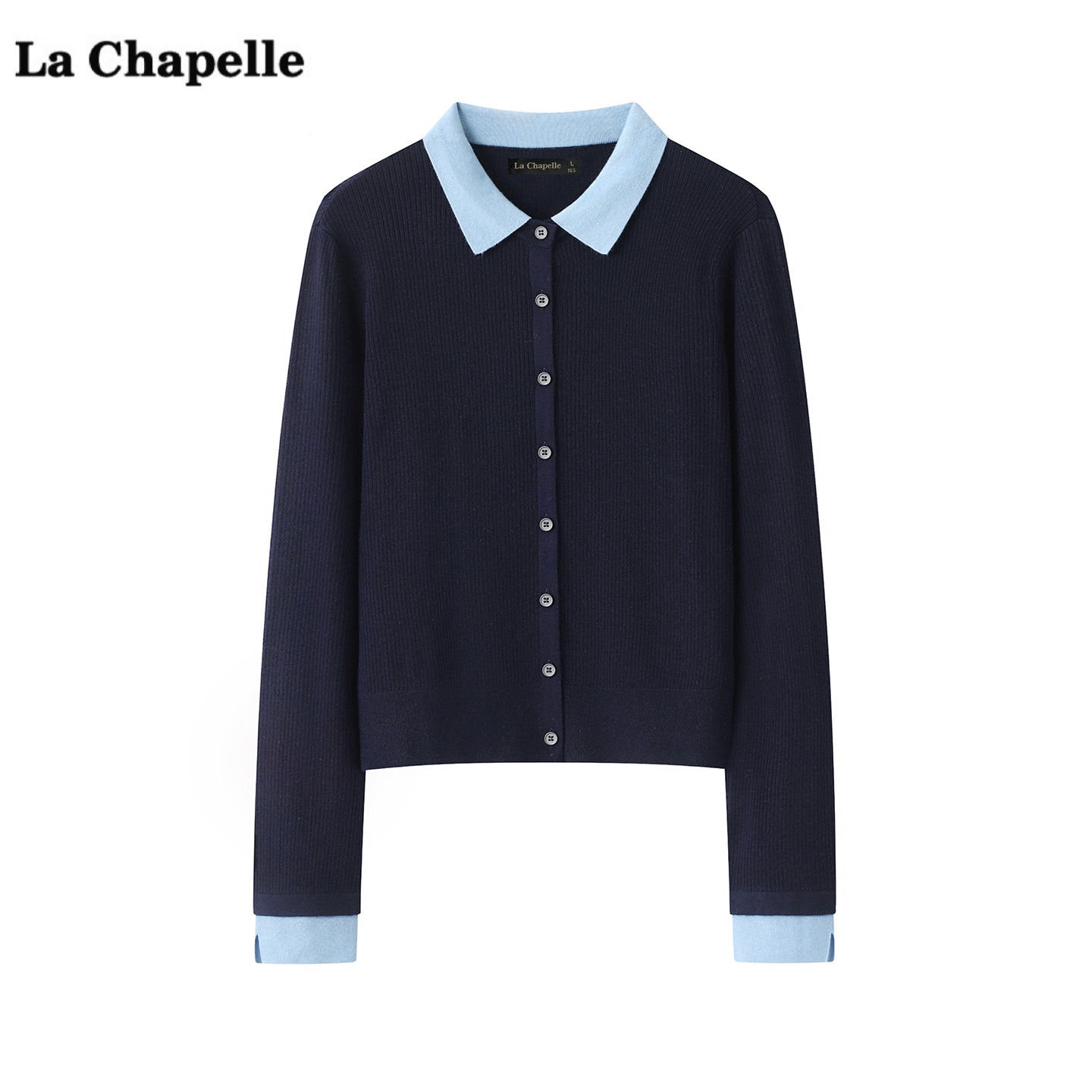 拉夏贝尔/La Chapelle撞色娃娃领针织衫女秋季新款显瘦开衫上衣