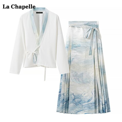 拉夏贝尔/La Chapelle国风长袖衬衫马面裙两件套女夏新款时尚套装
